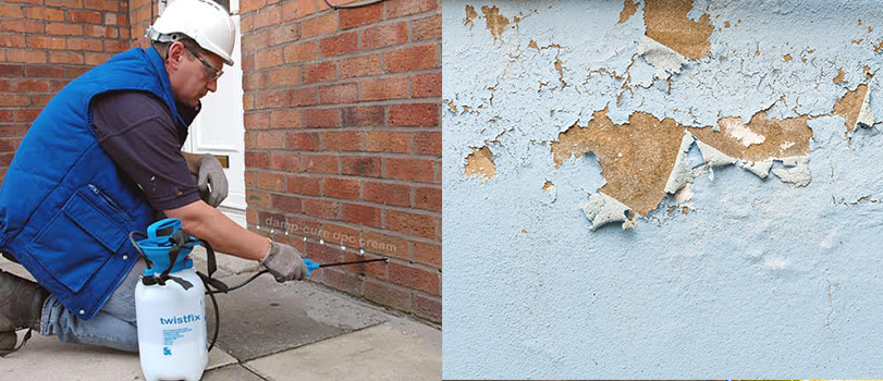 Man remedying rising damp that caused flaking paint